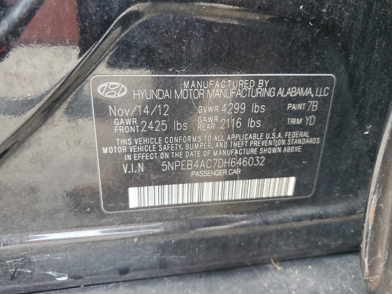 2013 Hyundai Sonata Gls VIN: 5NPEB4AC7DH646032 Lot: 65013725