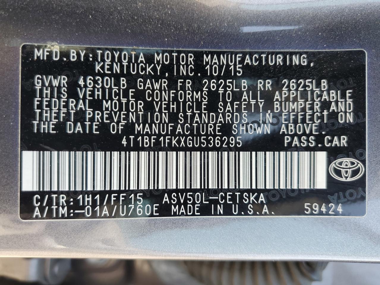2016 Toyota Camry Le VIN: 4T1BF1FKXGU536295 Lot: 64863005