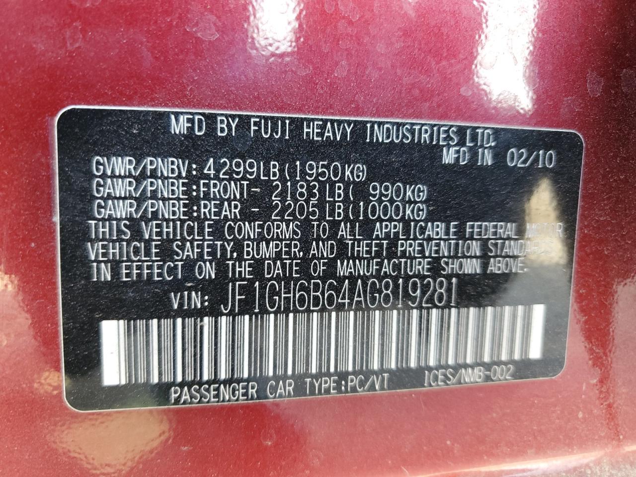2010 Subaru Impreza 2.5I Premium VIN: JF1GH6B64AG819281 Lot: 64131535