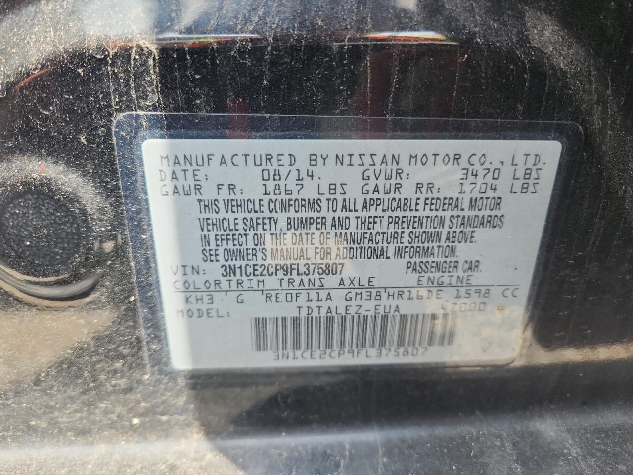 2015 Nissan Versa Note S VIN: 3N1CE2CP9FL375807 Lot: 65532745