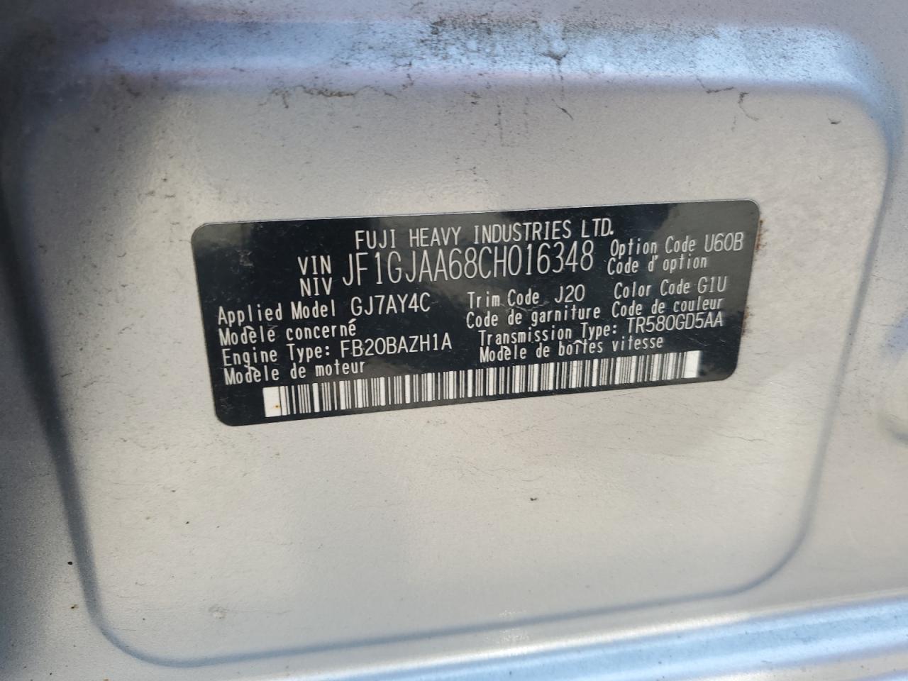 2012 Subaru Impreza VIN: JF1GJAA68CH016348 Lot: 64326295