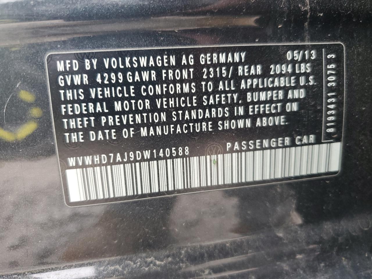 2013 Volkswagen Gti VIN: WVWHD7AJ9DW140588 Lot: 63110285