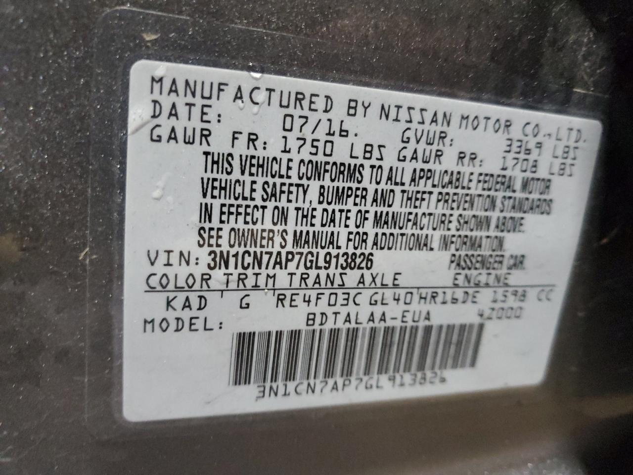 2016 Nissan Versa S VIN: 3N1CN7AP7GL913826 Lot: 62987695