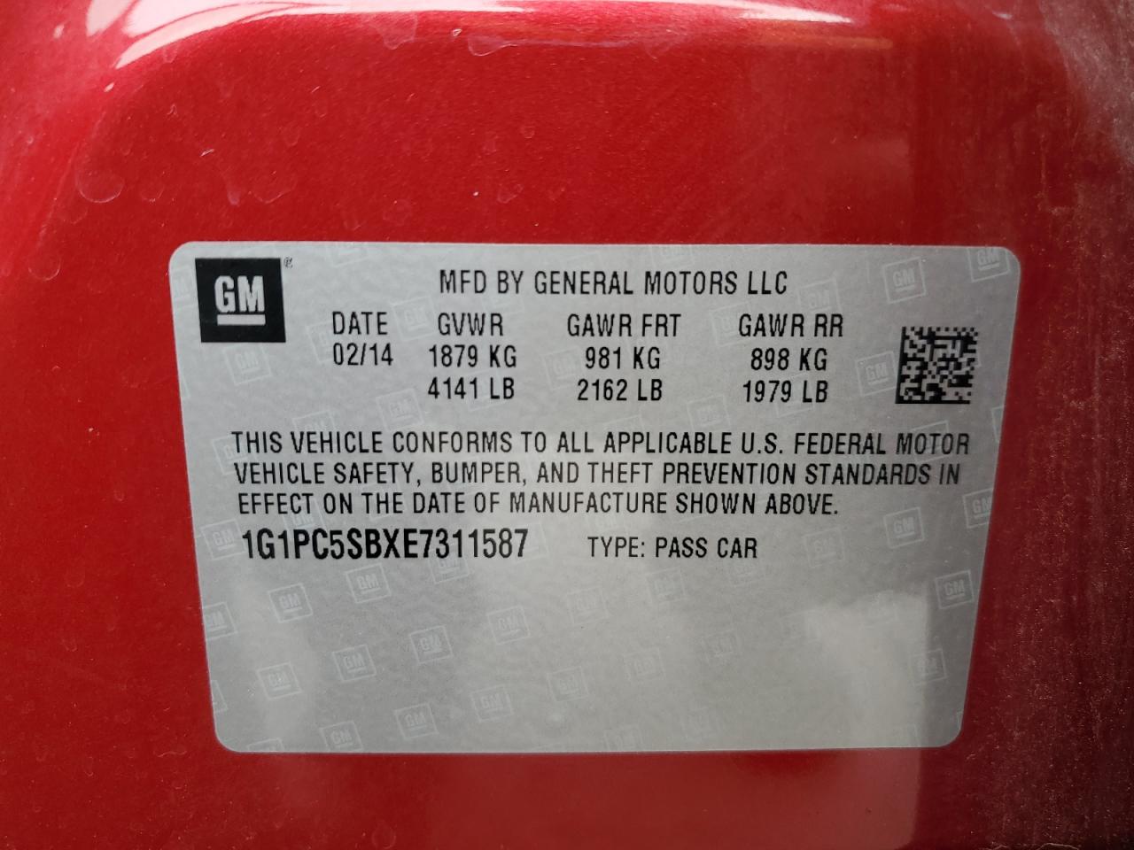 2014 Chevrolet Cruze Lt VIN: 1G1PC5SBXE7311587 Lot: 64858065