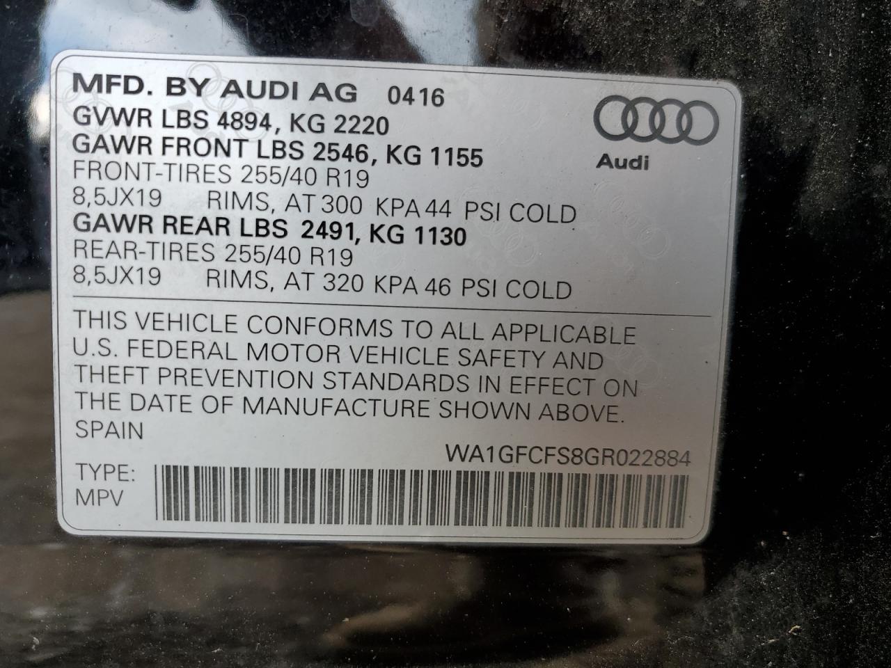 2016 Audi Q3 Prestige VIN: WA1GFCFS8GR022884 Lot: 60684555