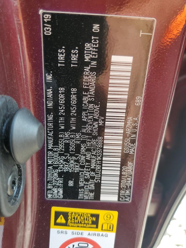 2019 Toyota Highlander Se VIN: 5TDJZRFH1KS978888 Lot: 63668965