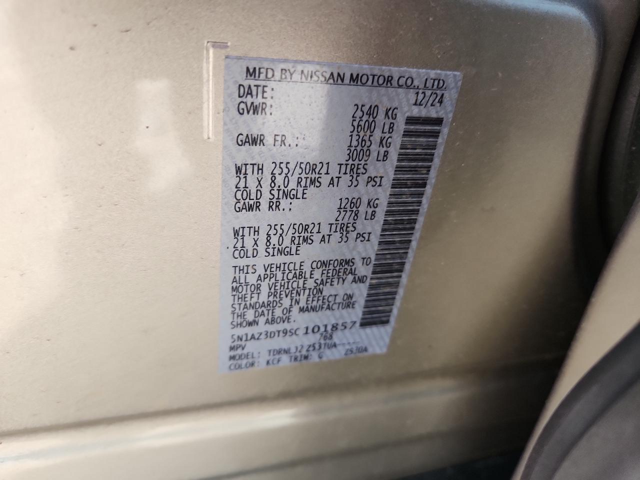 2025 Nissan Murano Platinum VIN: 5N1AZ3DT9SC101857 Lot: 64593225