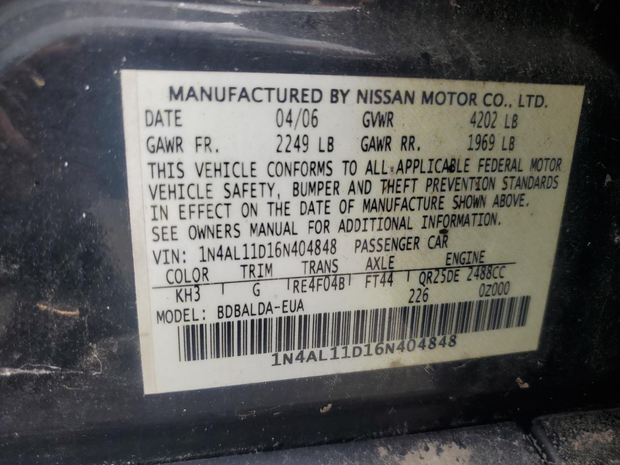 2006 Nissan Altima S VIN: 1N4AL11D16N404848 Lot: 64133315