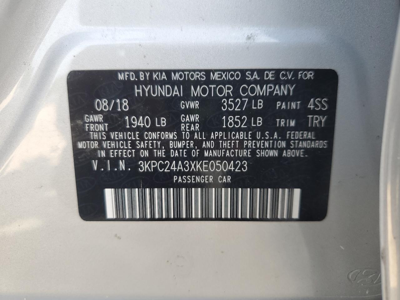 2019 Hyundai Accent Se VIN: 3KPC24A3XKE050423 Lot: 63982325