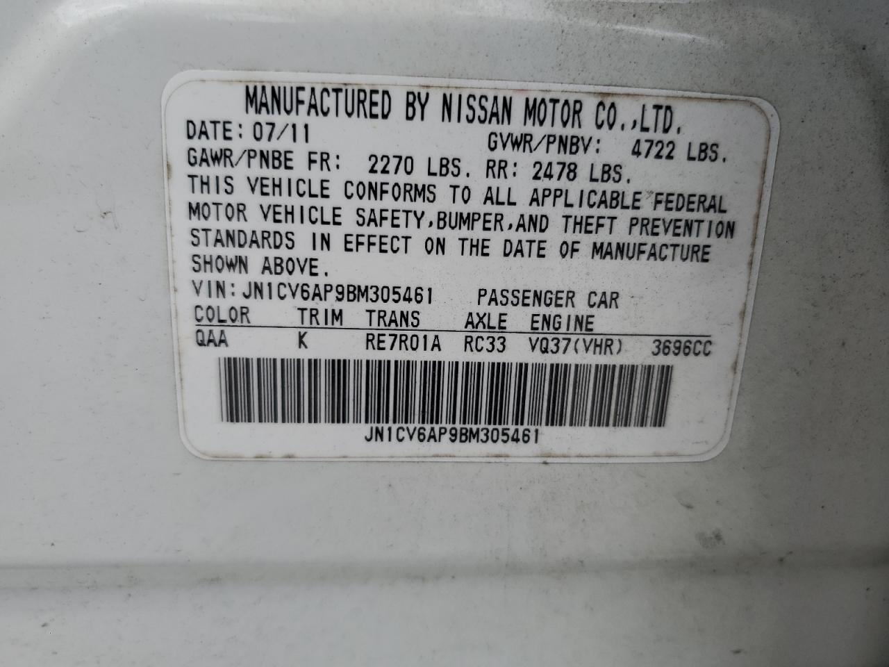 2011 Infiniti G37 Base VIN: JN1CV6AP9BM305461 Lot: 63116955