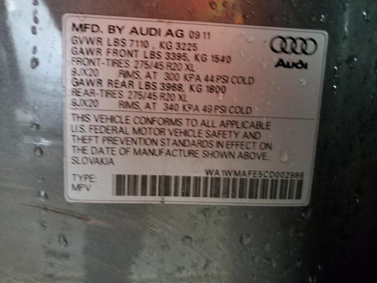 2012 Audi Q7 Prestige VIN: WA1WMAFE5CD002986 Lot: 64242445