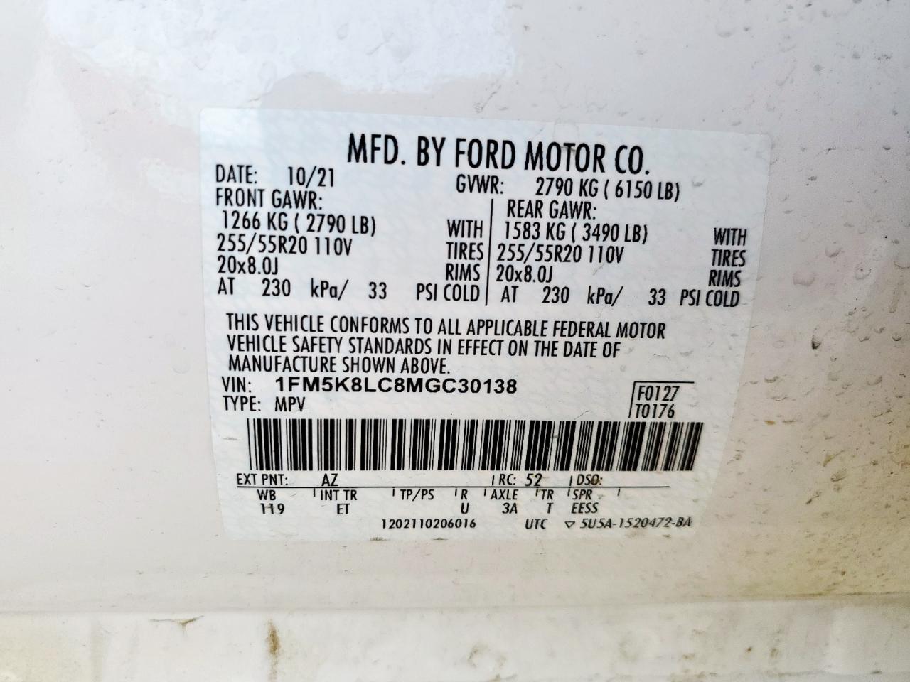 2021 Ford Explorer King Ranch VIN: 1FM5K8LC8MGC30138 Lot: 64836135
