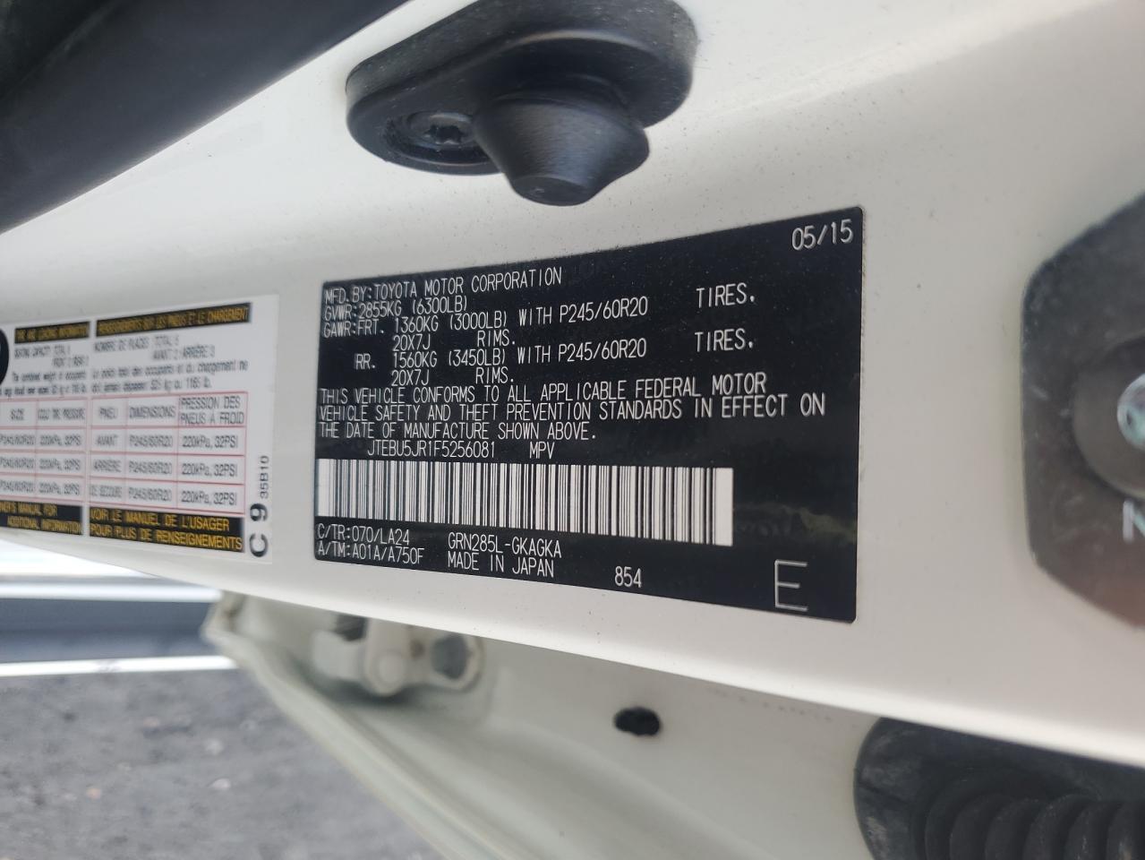 2015 Toyota 4Runner Sr5/Sr5 Premium VIN: JTEBU5JR1F5256081 Lot: 64894525