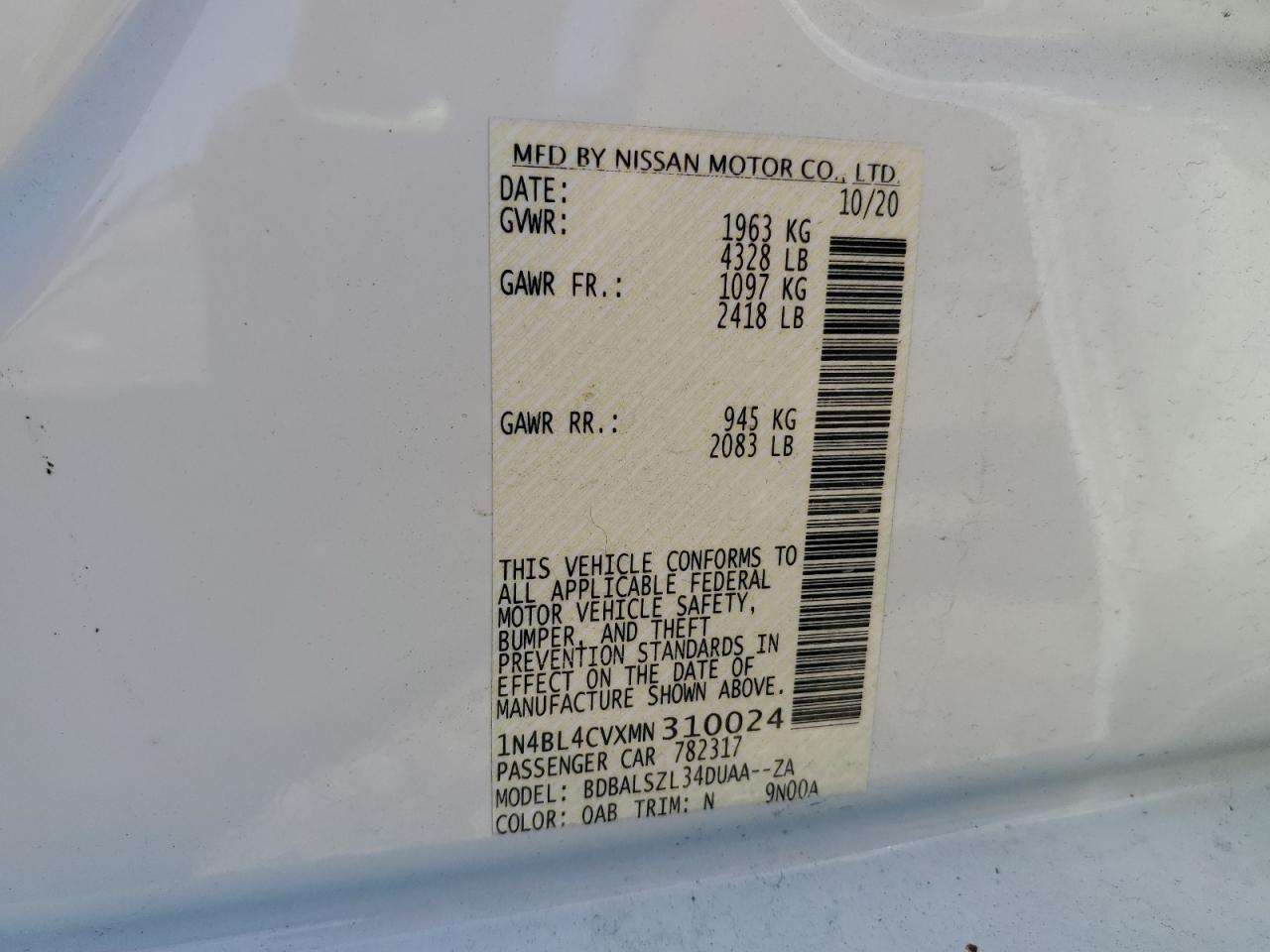 2021 Nissan Altima Sr VIN: 1N4BL4CVXMN310024 Lot: 62868965