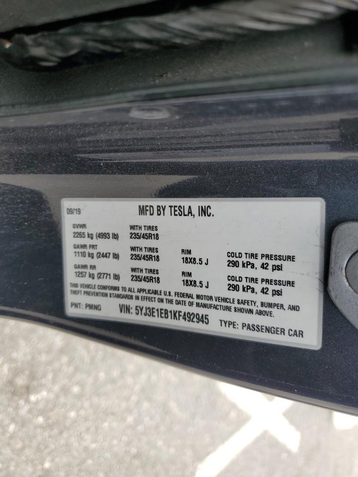 2019 Tesla Model 3 VIN: 5YJ3E1EB1KF492945 Lot: 64828155
