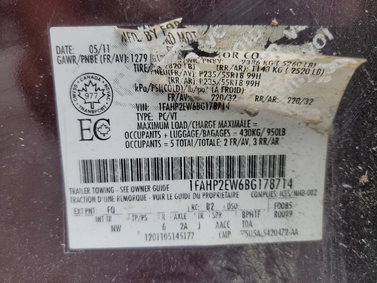 2011 Ford Taurus Sel VIN: 1FAHP2EW6BG178714 Lot: 63165175