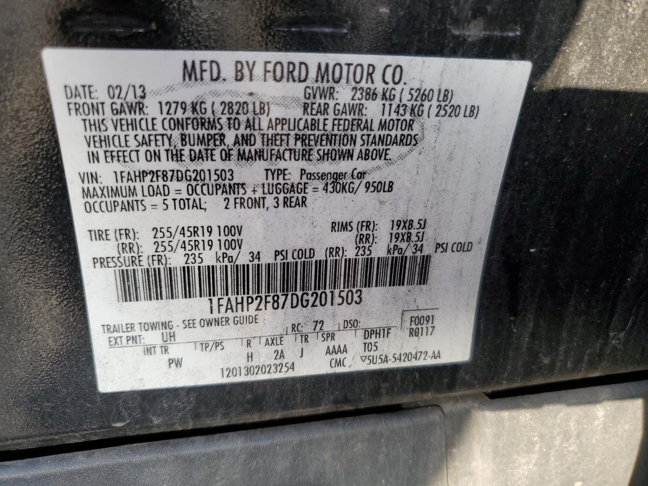 2013 Ford Taurus Limited VIN: 1FAHP2F87DG201503 Lot: 64700845