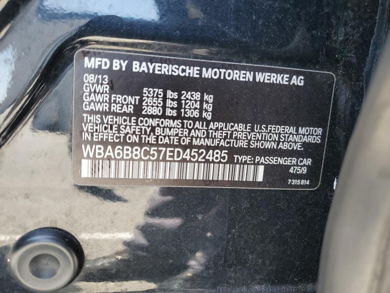 2014 BMW 640 Xi Gran Coupe VIN: WBA6B8C57ED452485 Lot: 64017095