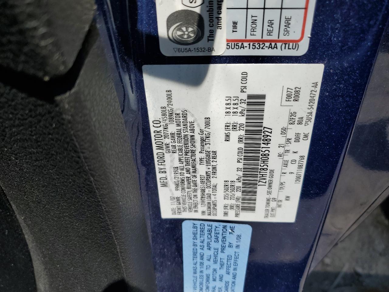 2008 Ford Mustang Gt VIN: 1ZVHT85H085148927 Lot: 63254835