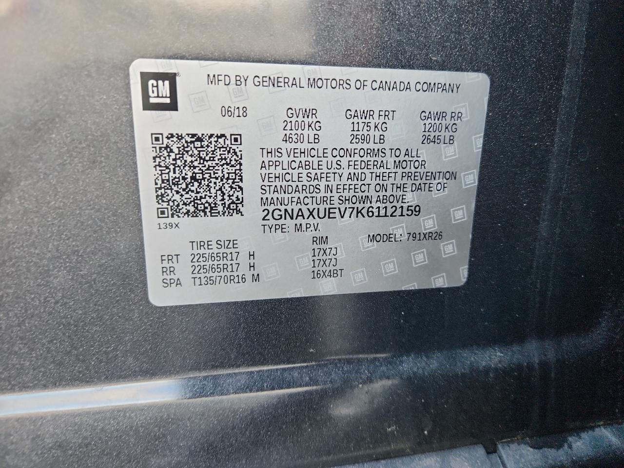 2019 Chevrolet Equinox Lt VIN: 2GNAXUEV7K6112159 Lot: 64845535