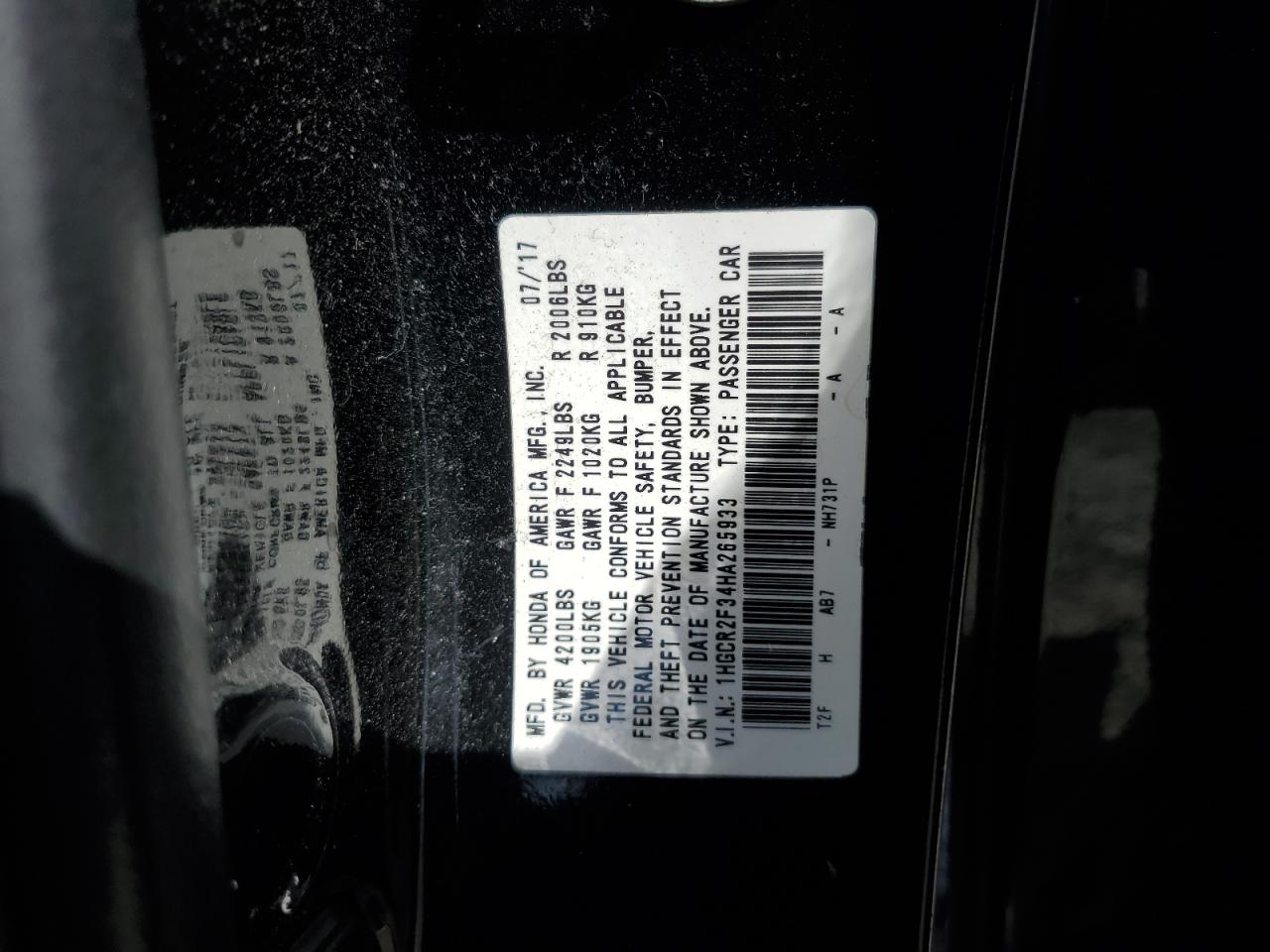 2017 Honda Accord Lx VIN: 1HGCR2F34HA265933 Lot: 65357315