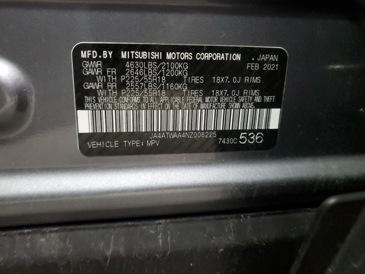 2022 Mitsubishi Eclipse Cross Se VIN: JA4ATWAA4NZ006225 Lot: 64120985
