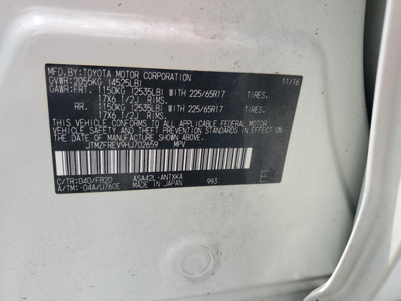2017 Toyota Rav4 Le VIN: JTMZFREV9HJ702659 Lot: 63702195