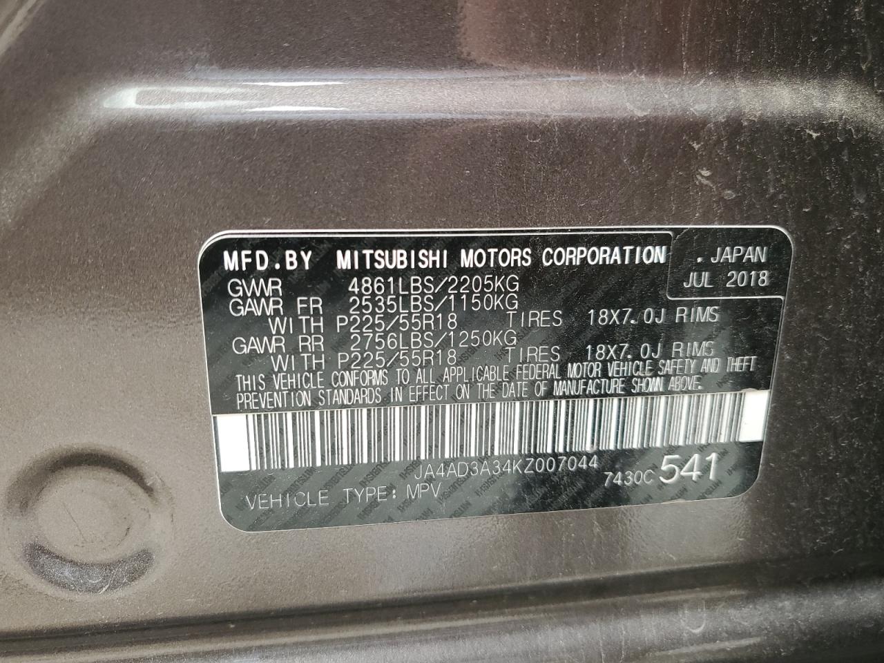 2019 Mitsubishi Outlander Se VIN: JA4AD3A34KZ007044 Lot: 65949745