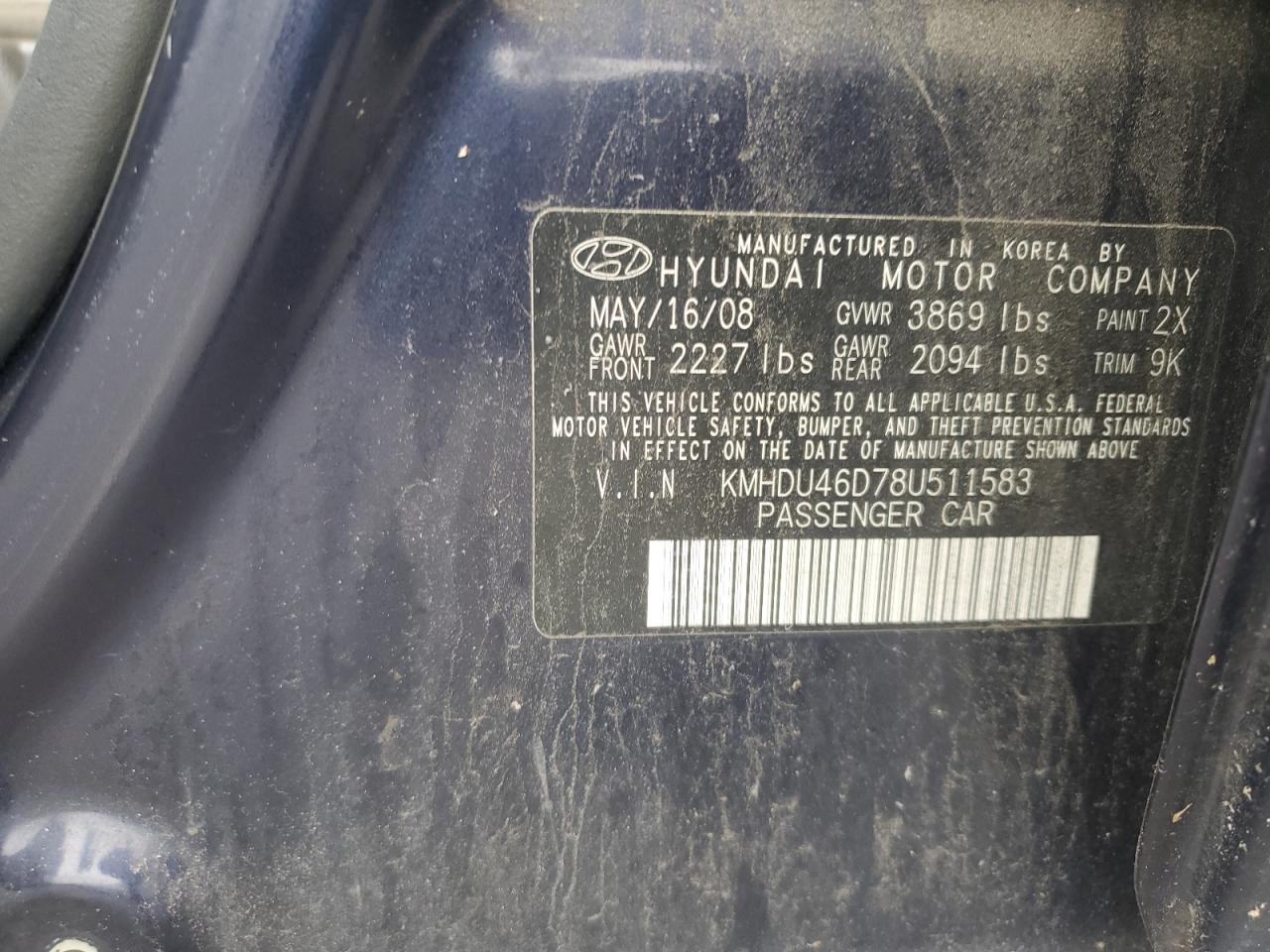 2008 Hyundai Elantra Gls VIN: KMHDU46D78U511583 Lot: 64441575