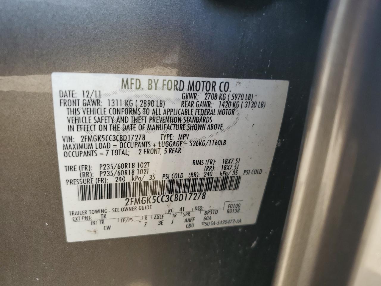 2012 Ford Flex Sel VIN: 2FMGK5CC3CBD17278 Lot: 64236525
