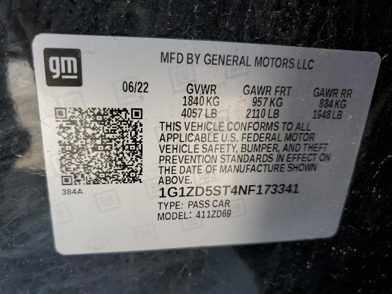 2022 Chevrolet Malibu Lt VIN: 1G1ZD5ST4NF173341 Lot: 64636305