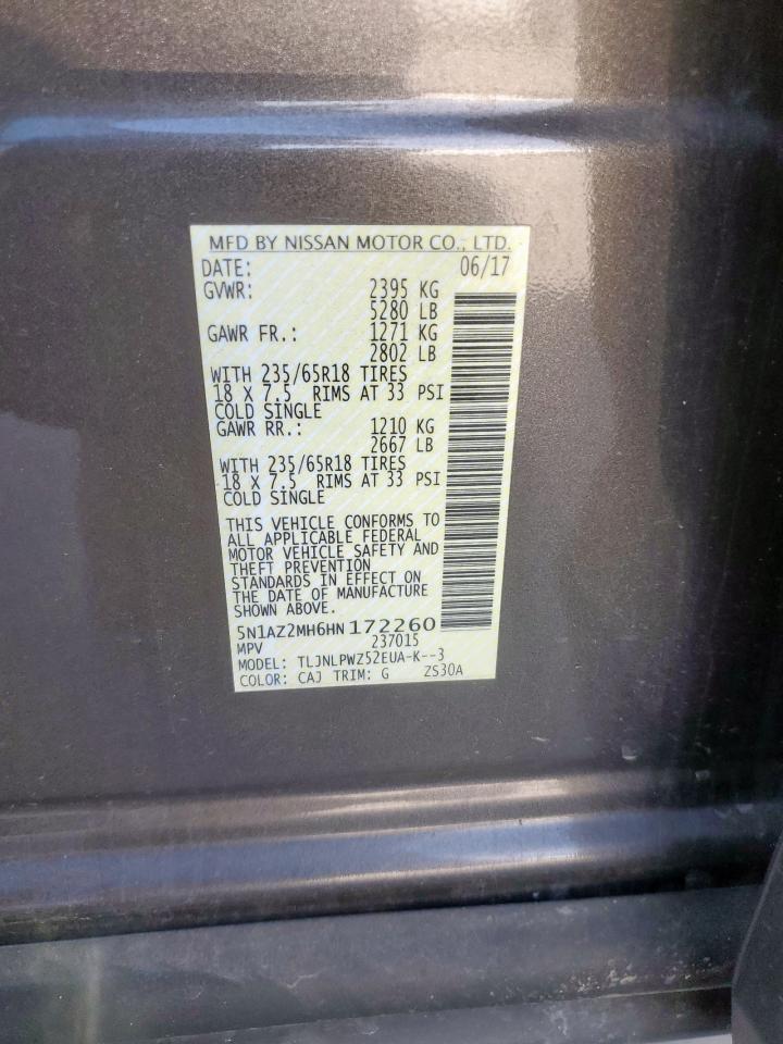 2017 Nissan Murano S VIN: 5N1AZ2MH6HN172260 Lot: 66505315