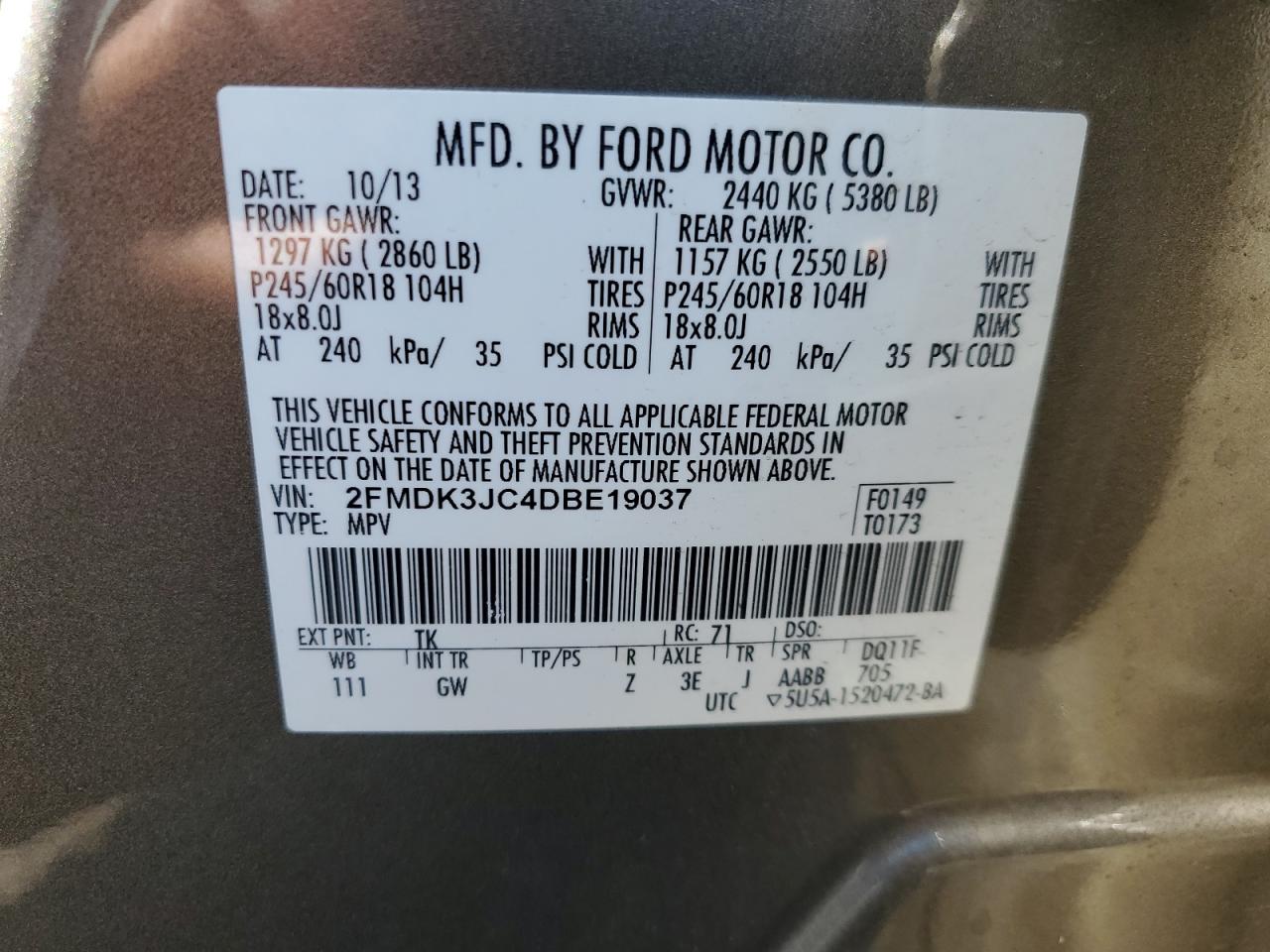2013 Ford Edge Sel VIN: 2FMDK3JC4DBE19037 Lot: 65223735