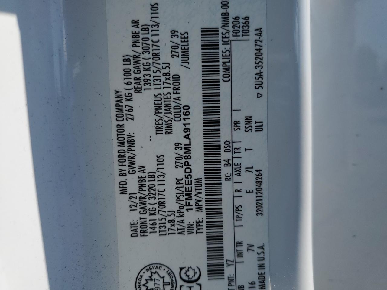 2021 Ford Bronco Base VIN: 1FMEE5DP8MLA91160 Lot: 64061855