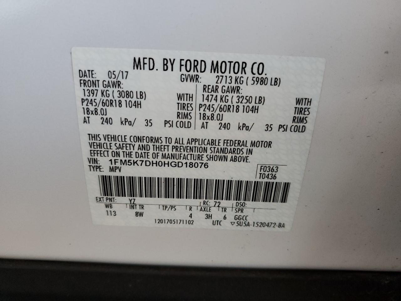 2017 Ford Explorer Xlt VIN: 1FM5K7DH0HGD18076 Lot: 62330935