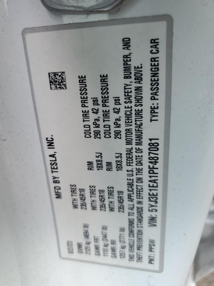 2023 Tesla Model 3 VIN: 5YJ3E1EA1PF487081 Lot: 64245165