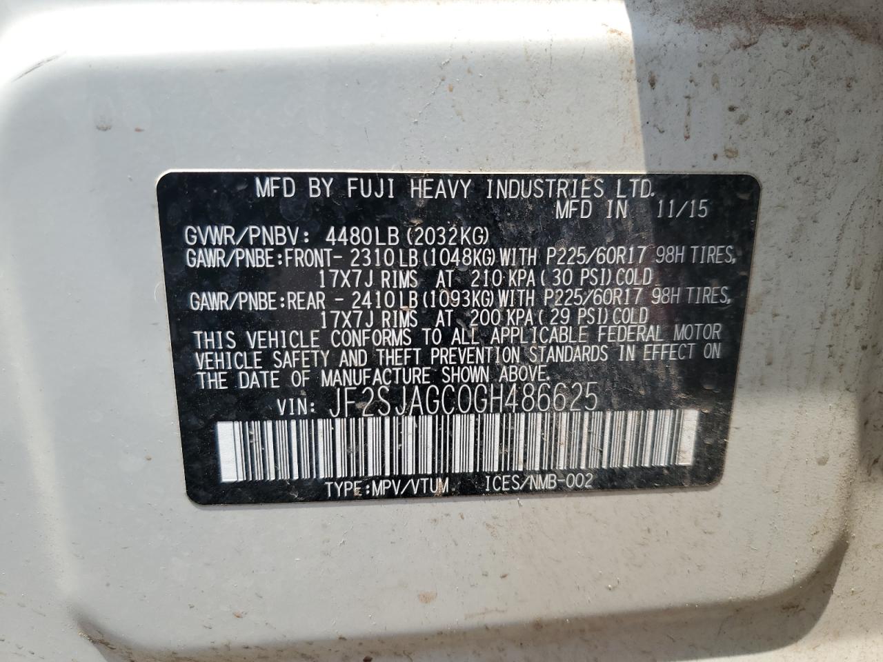 2016 Subaru Forester 2.5I Premium VIN: JF2SJAGC0GH486625 Lot: 62542985
