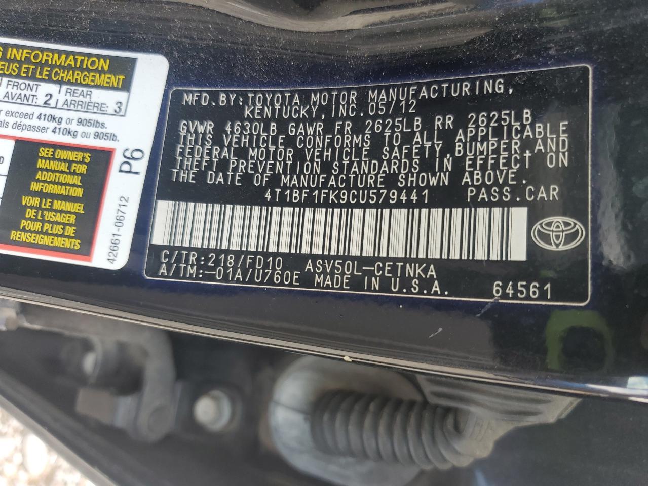 2012 Toyota Camry Base VIN: 4T1BF1FK9CU579441 Lot: 65448155