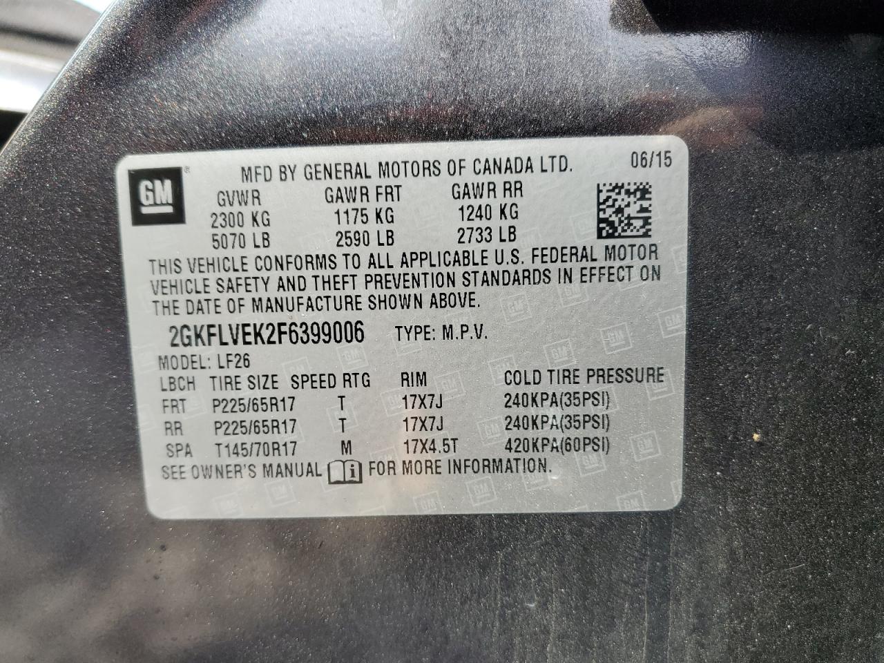 2015 GMC Terrain Sle VIN: 2GKFLVEK2F6399006 Lot: 64727605