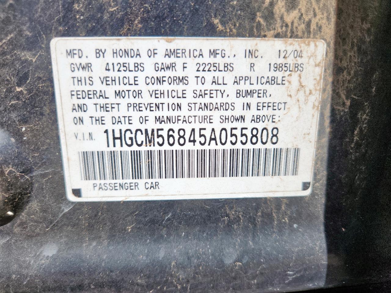 2005 Honda Accord Ex VIN: 1HGCM56845A055808 Lot: 65455465