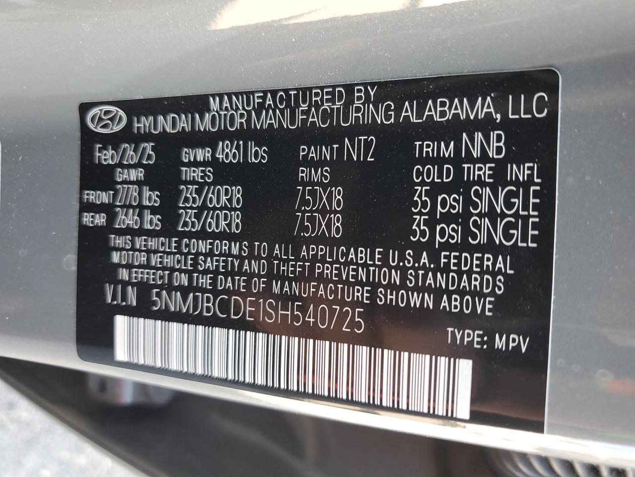 2025 Hyundai Tucson Sel VIN: 5NMJBCDE1SH540725 Lot: 64428415
