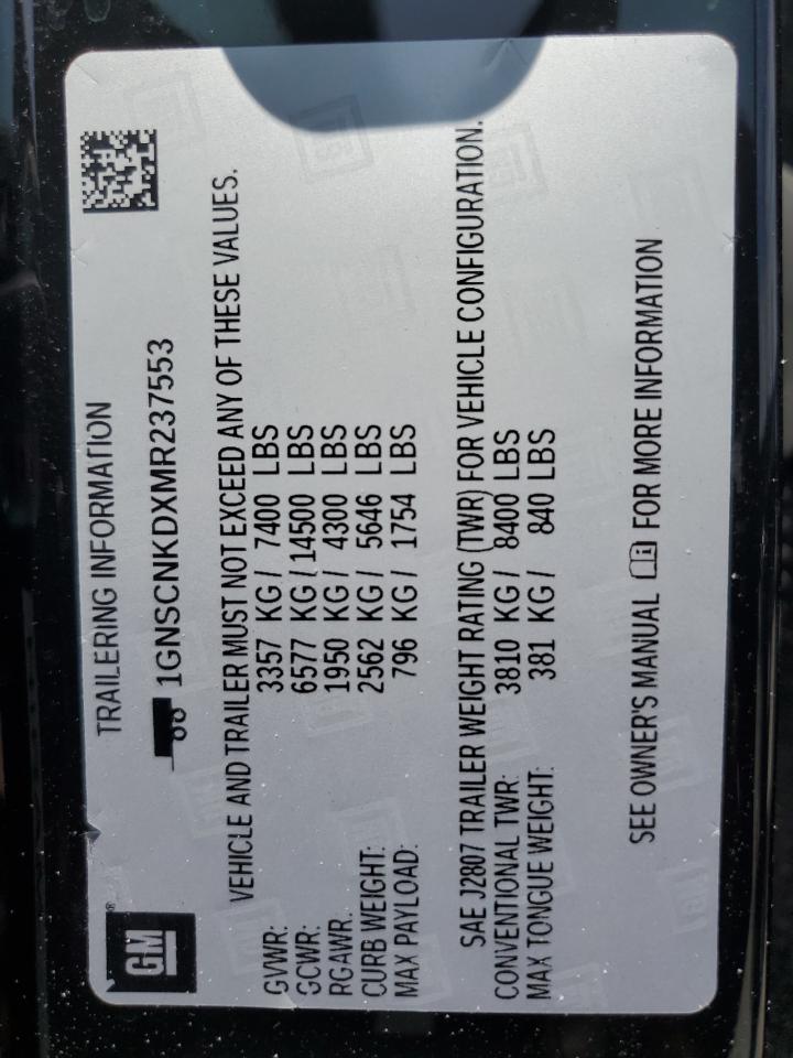 2021 Chevrolet Tahoe C1500 Lt VIN: 1GNSCNKDXMR237553 Lot: 64058255