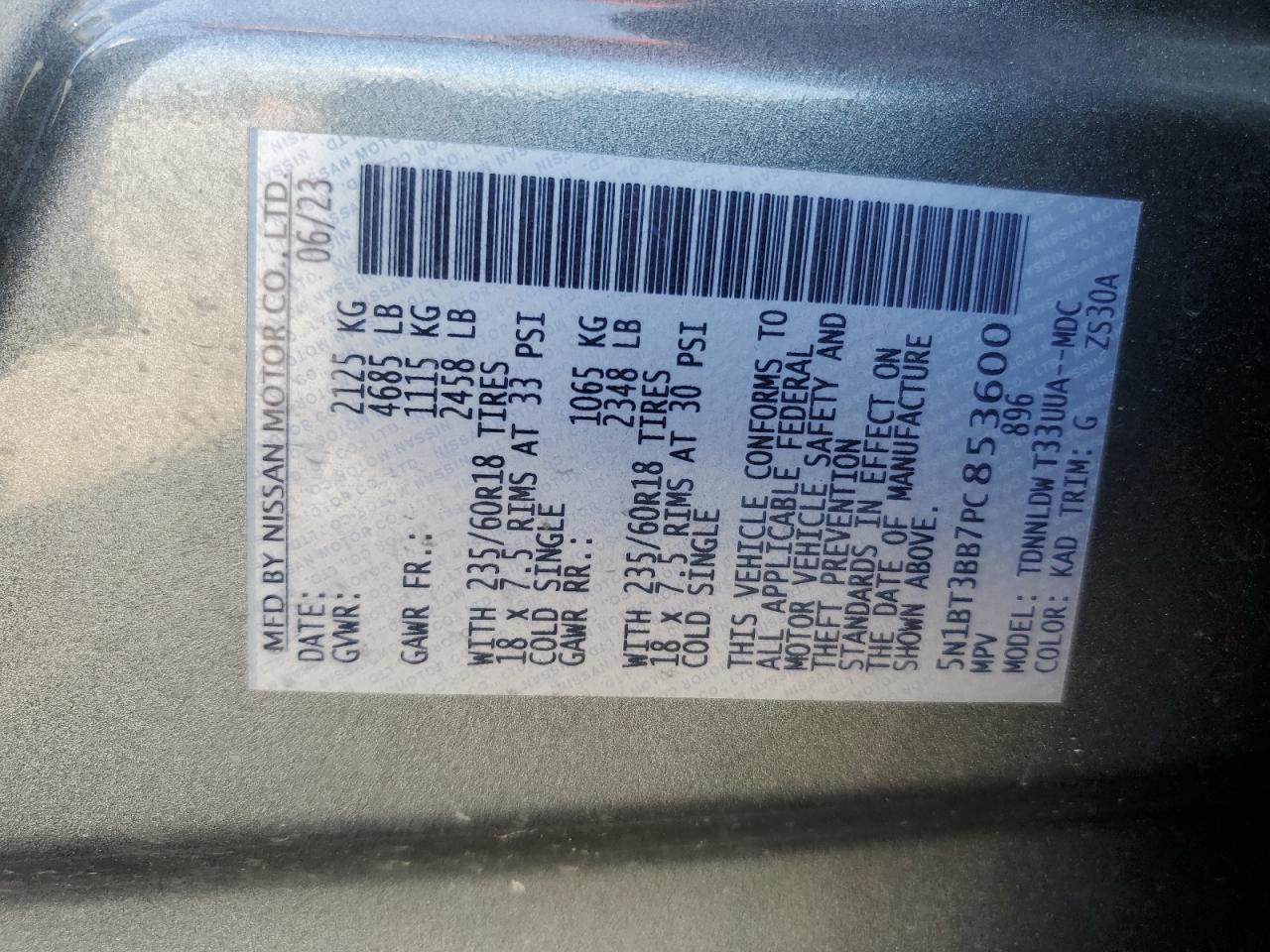 2023 Nissan Rogue Sv VIN: 5N1BT3BB7PC853600 Lot: 63613135