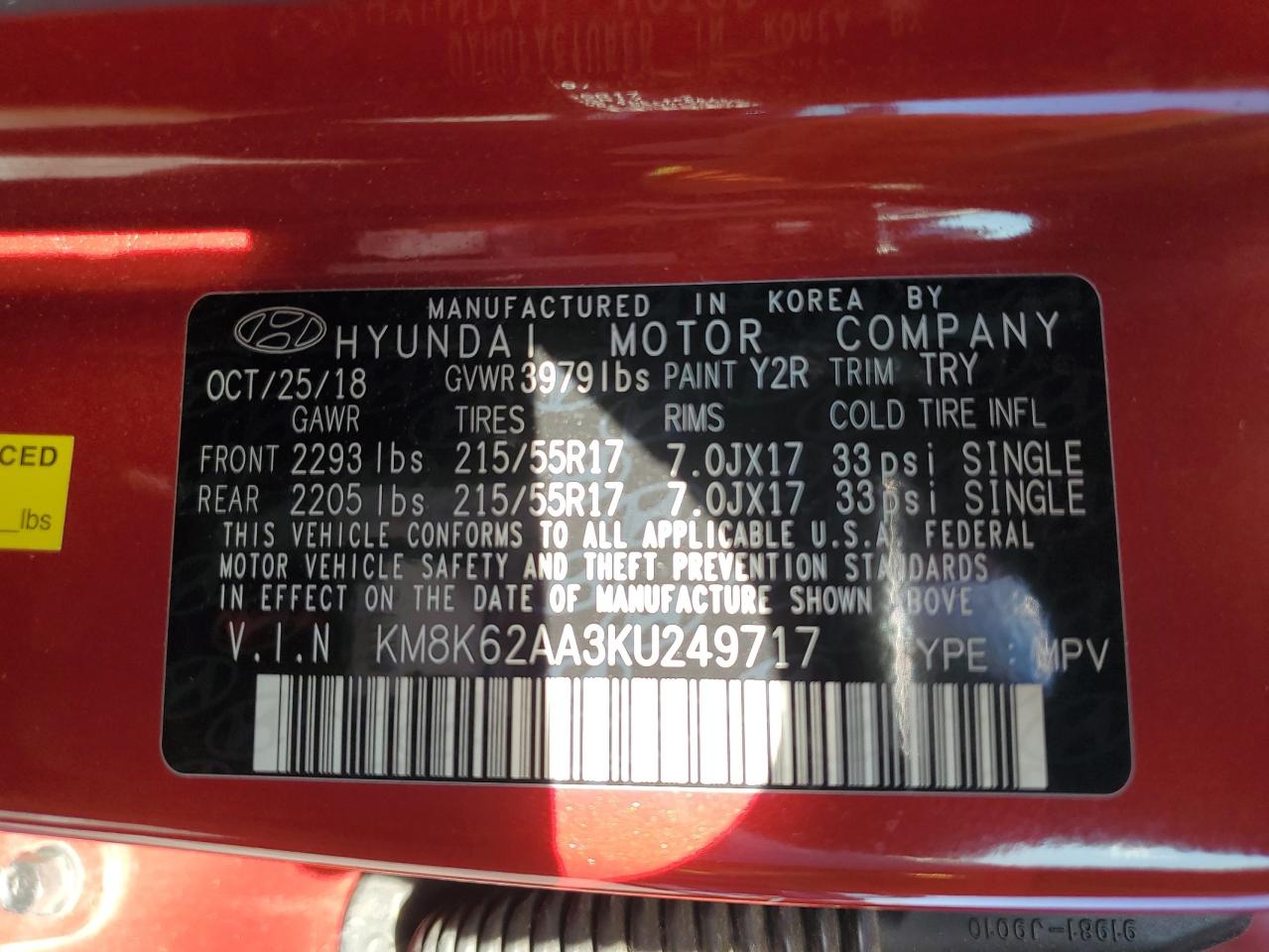 km8k62aa3ku249717 KM8K62AA3KU249717 2019 Hyundai Kona Sel