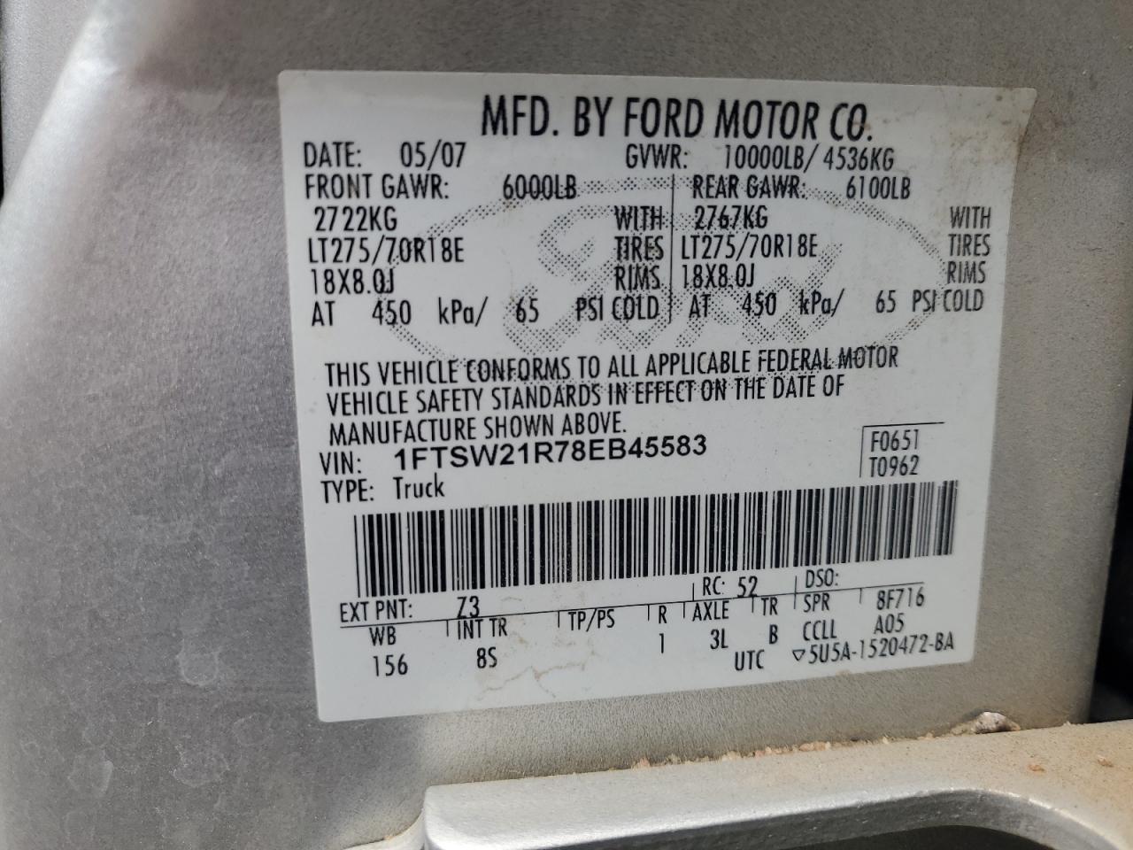 2008 Ford F250 Super Duty VIN: 1FTSW21R78EB45583 Lot: 64693645