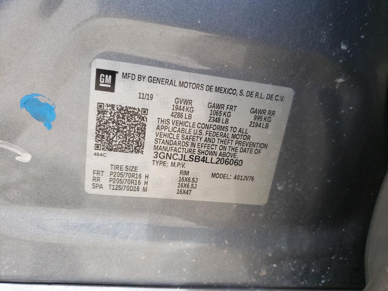 2020 Chevrolet Trax 1Lt VIN: 3GNCJLSB4LL206060 Lot: 64751785