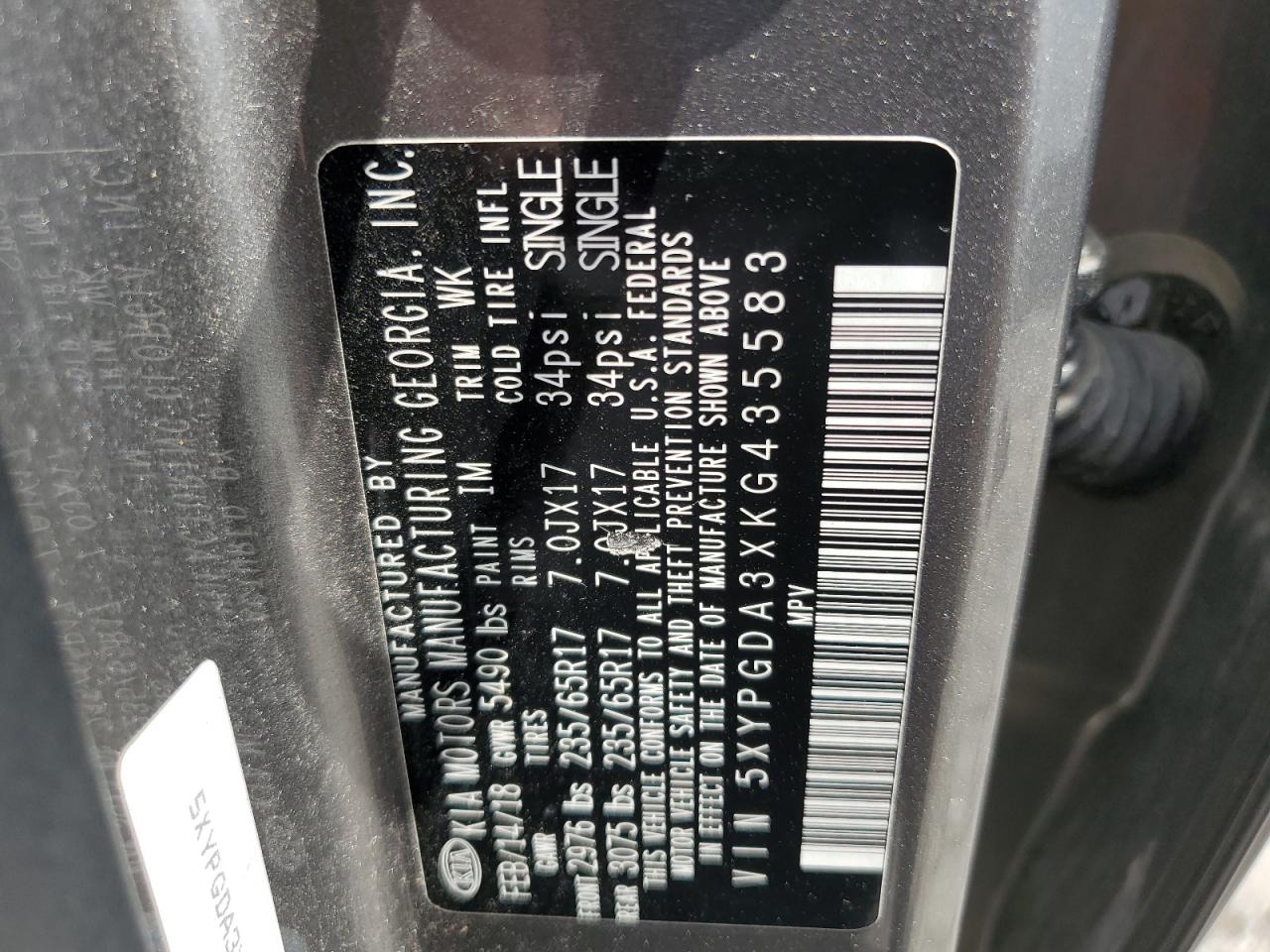 2019 Kia Sorento L VIN: 5XYPGDA3XKG435583 Lot: 64997995