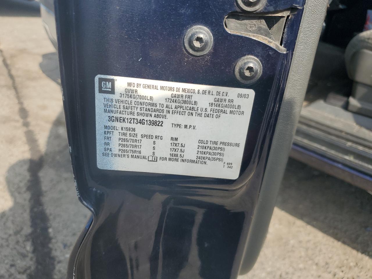 3gnek12t34g139822 3GNEK12T34G139822 2004 Chevrolet Avalanche K1500