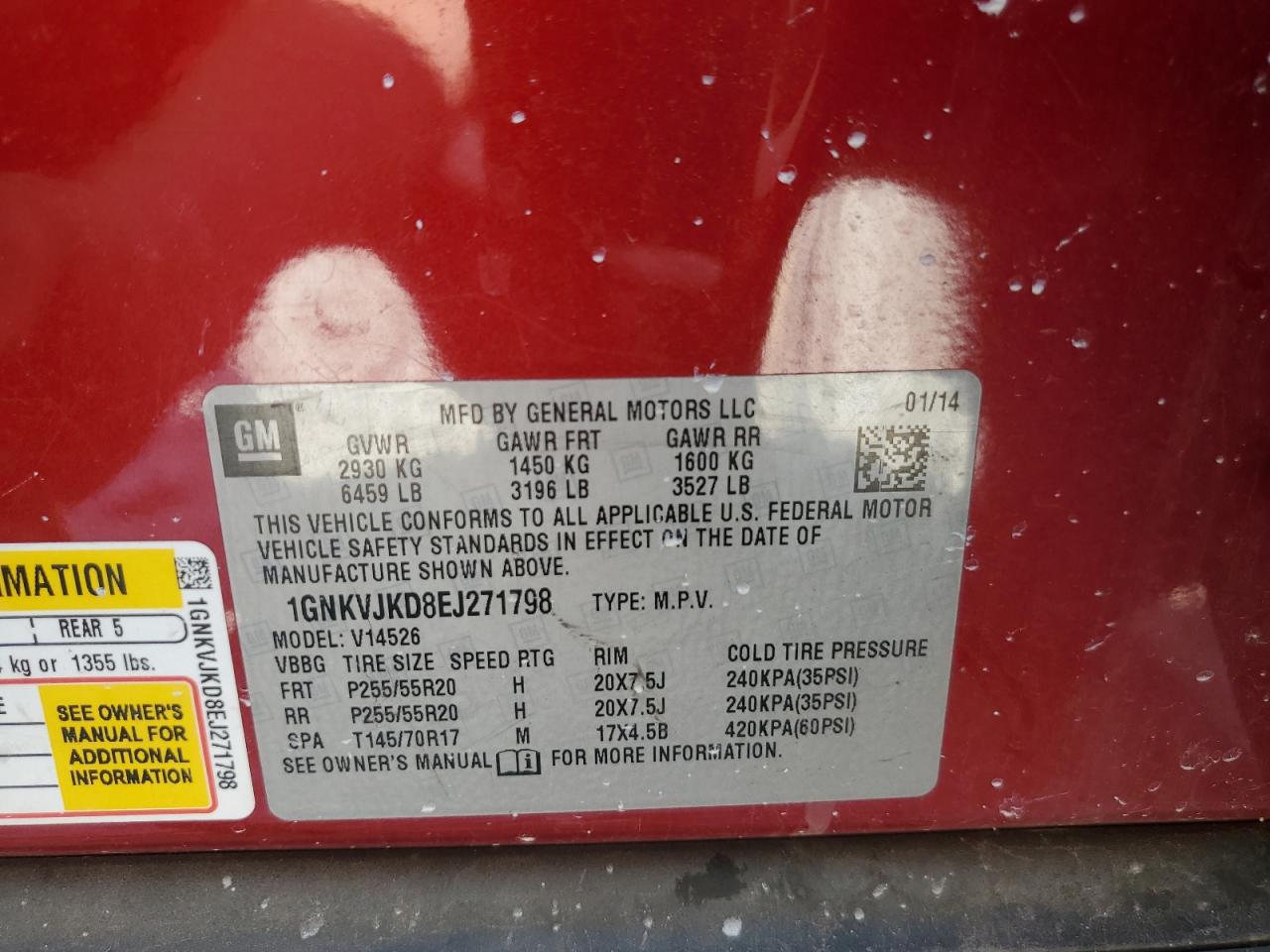2014 Chevrolet Traverse Ltz VIN: 1GNKVJKD8EJ271798 Lot: 64447305