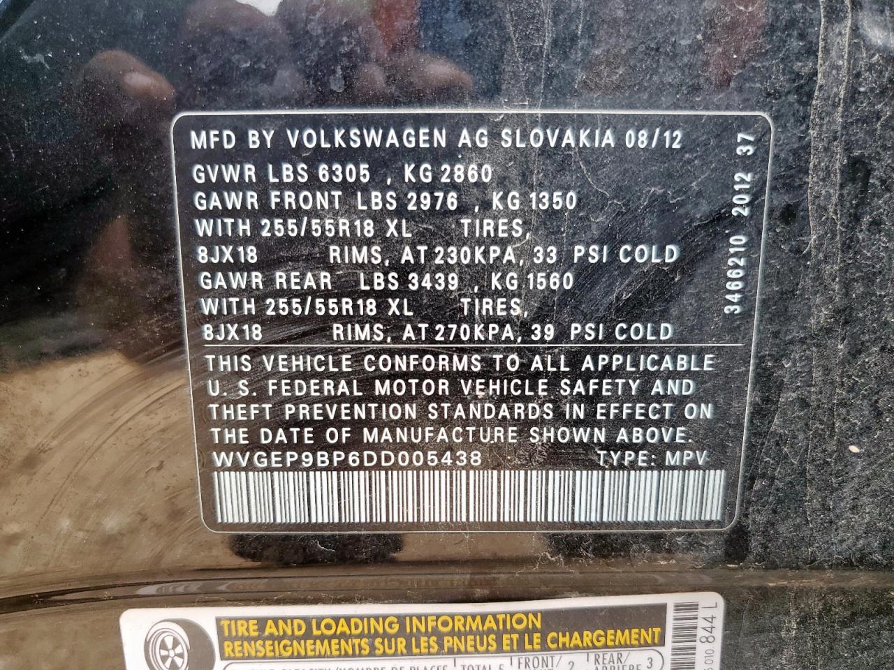 2013 Volkswagen Touareg V6 Tdi VIN: WVGEP9BP6DD005438 Lot: 63470755